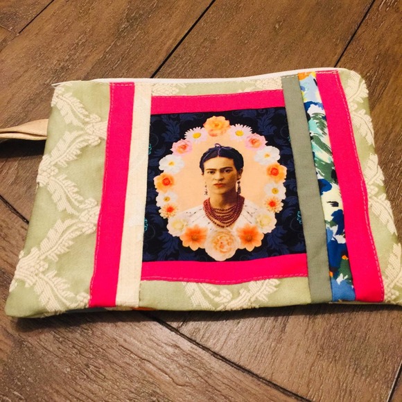 Hand Crafted Handbags - Handmade Frida Kahlo pink wristlet zip bag